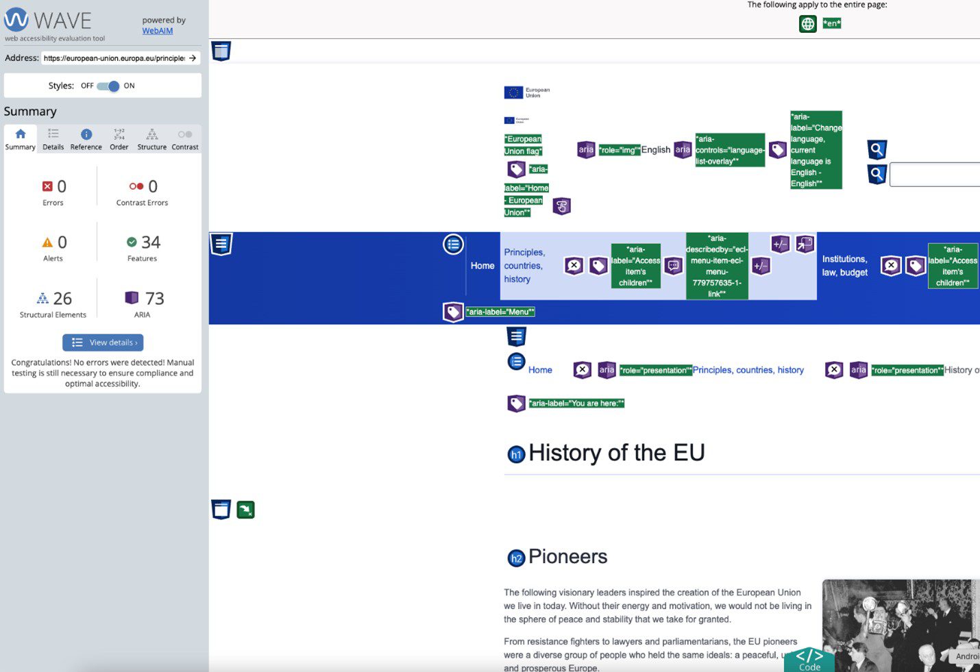 A screenshot of the WAVE accessibility evaluation tool displaying a page from “european-union.europa.eu“ with different accessibility info. This visualisation shows how WAVE can help developers identify and highlight some top-level accessibility info on elements to check compliance against accessibility standards.