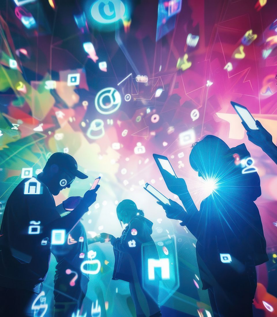 People using smartphones surrounded by digital social media icons and vibrant lights.