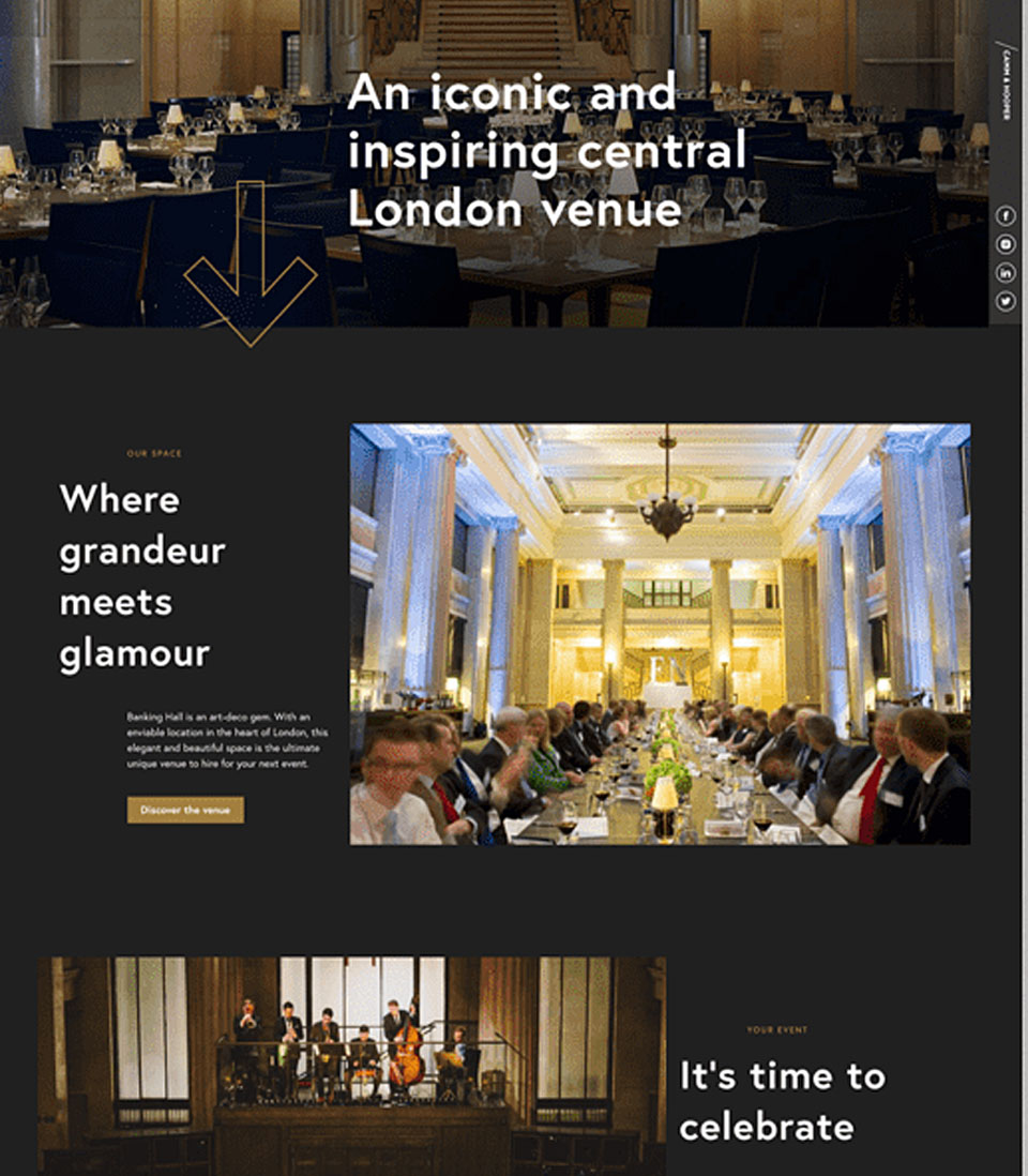 A stylish website showcasing a grand central London venue with elegant dining and event spaces, featuring bold typography and immersive imagery."