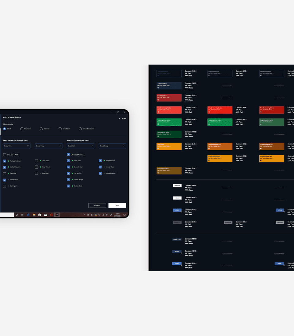 A dark-themed user interface displaying a selection and categorisation system, alongside a structured design system with color-coded elements.