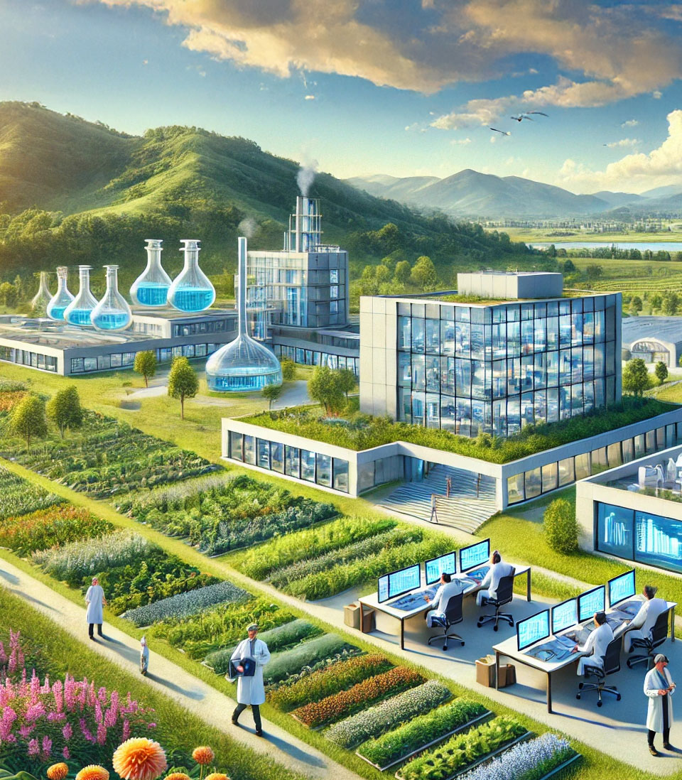 A futuristic biopharmaceutical research facility with lush green surroundings, advanced laboratories, and scientists working.
