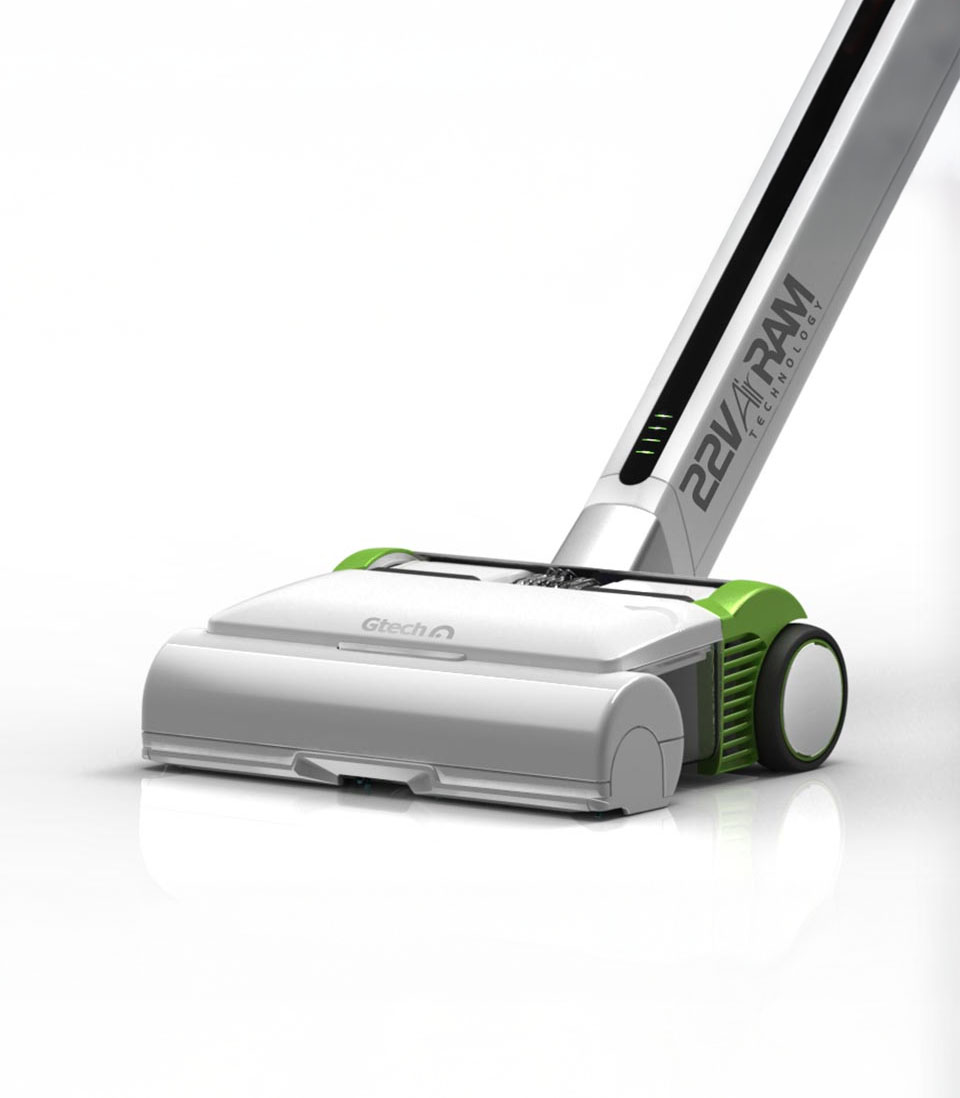 Close-up of a Gtech AirRam cordless vacuum cleaner on a white background.