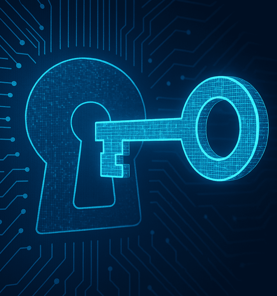 A glowing neon-blue key inserted into a digital keyhole, set against a dark circuit board background with interconnected lines and nodes.