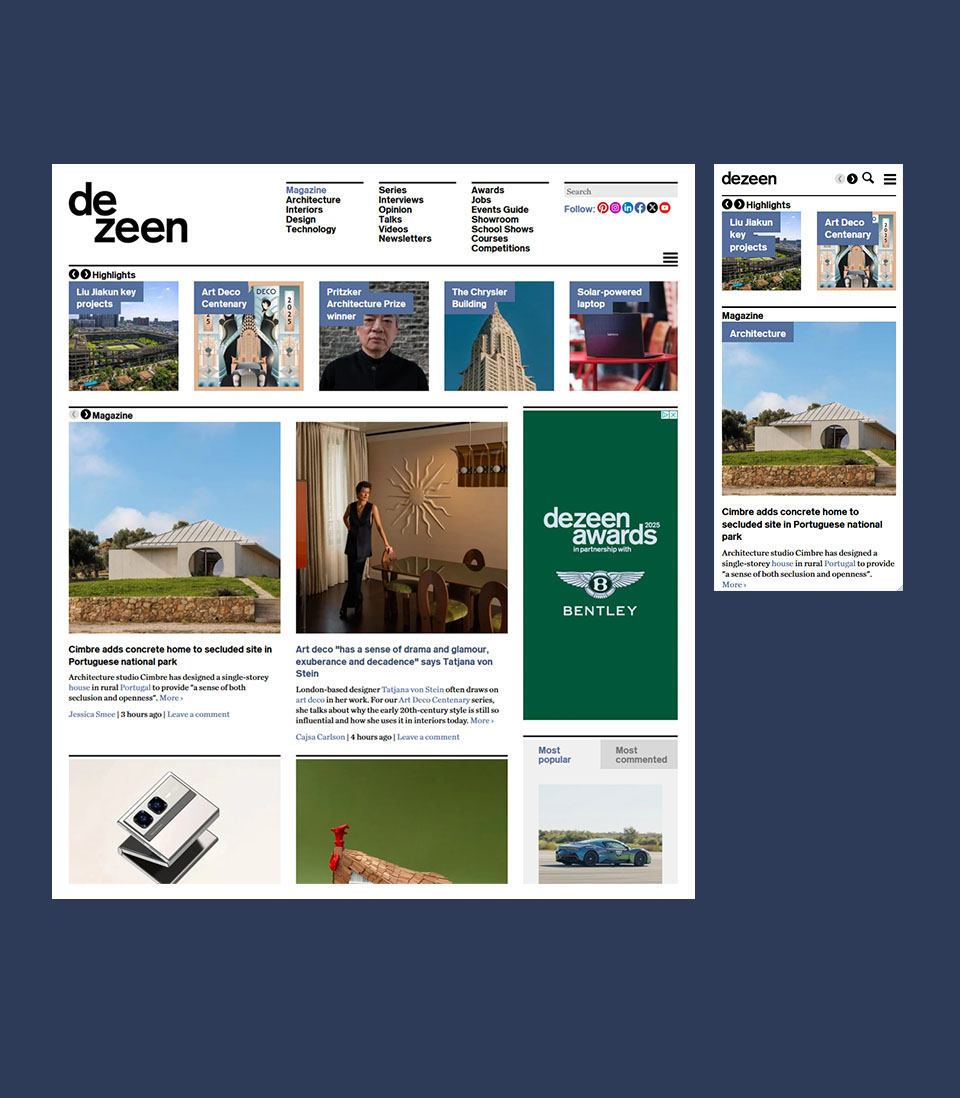 A digital publication layout for Dezeen, showcasing architecture and design news across desktop and mobile views.