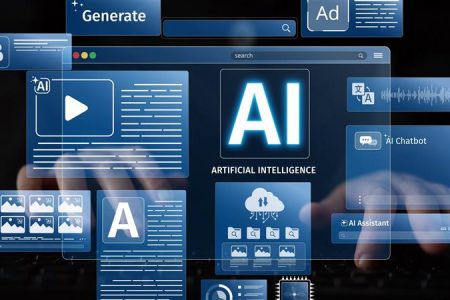 Glowing AI interface with chatbot, assistant, and media icons overlaid on a person typing.