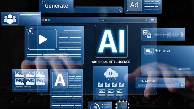 Glowing AI interface with chatbot, assistant, and media icons overlaid on a person typing.