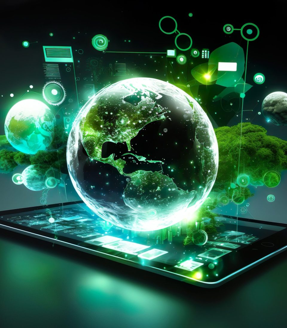 Holographic Earth emerging from a tablet, surrounded by digital and environmental tech icons.
