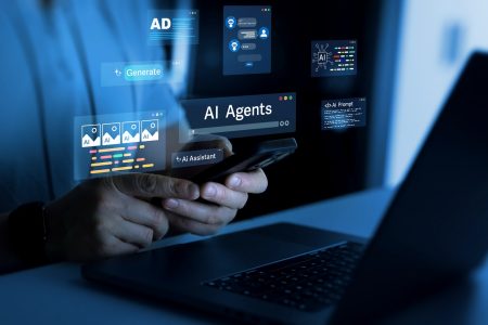 Person using a smartphone and laptop with floating UI elements labeled "AI Agents," "Generate," and "AI Assistant," representing generative AI and digital assistant technologies.