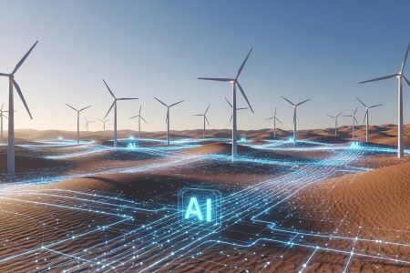 Wind turbines in a desert landscape with digital AI and data network overlays, symbolising smart energy and AI-powered renewable technology.