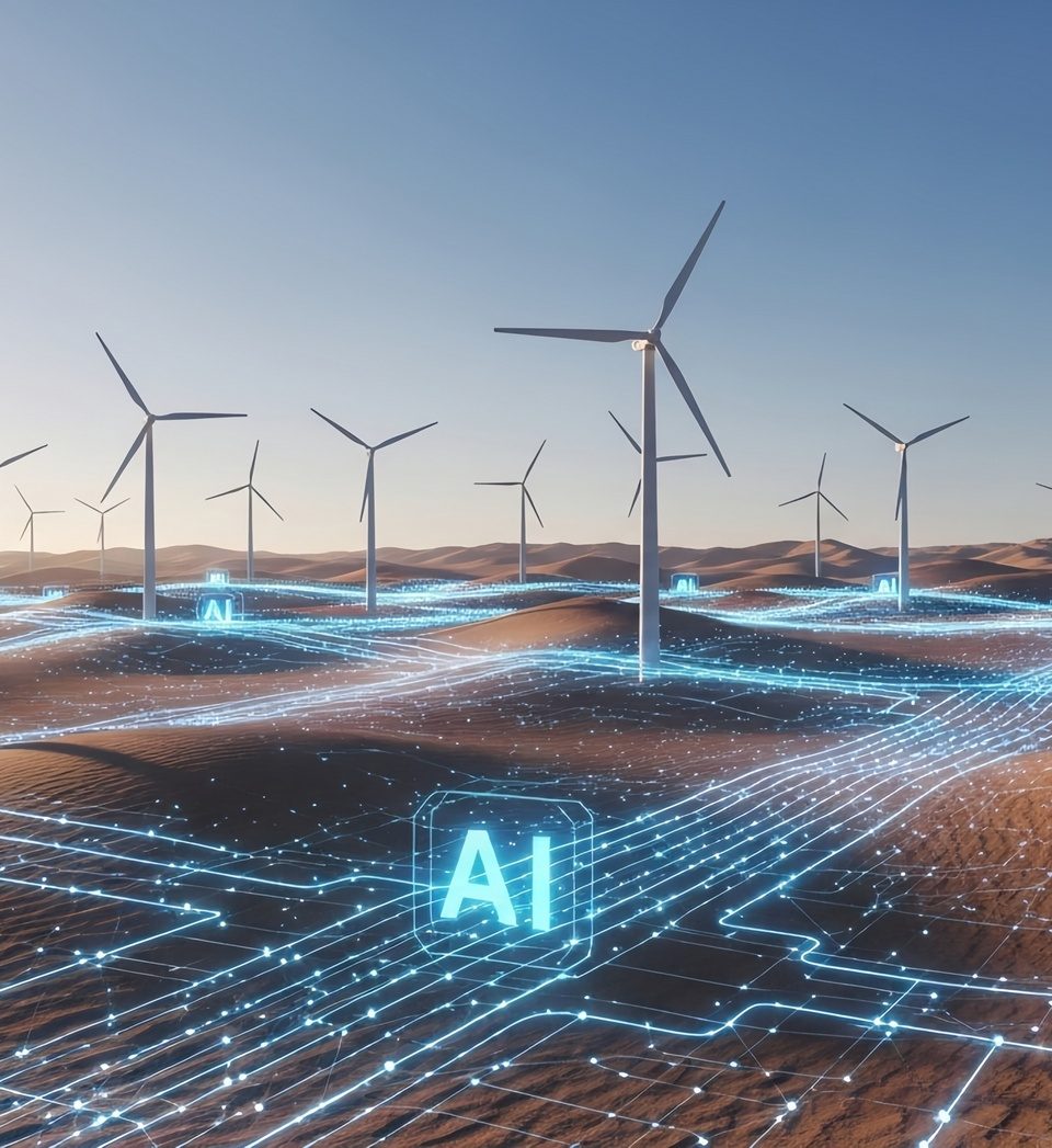 Wind turbines in a desert landscape with digital AI and data network overlays, symbolising smart energy and AI-powered renewable technology.