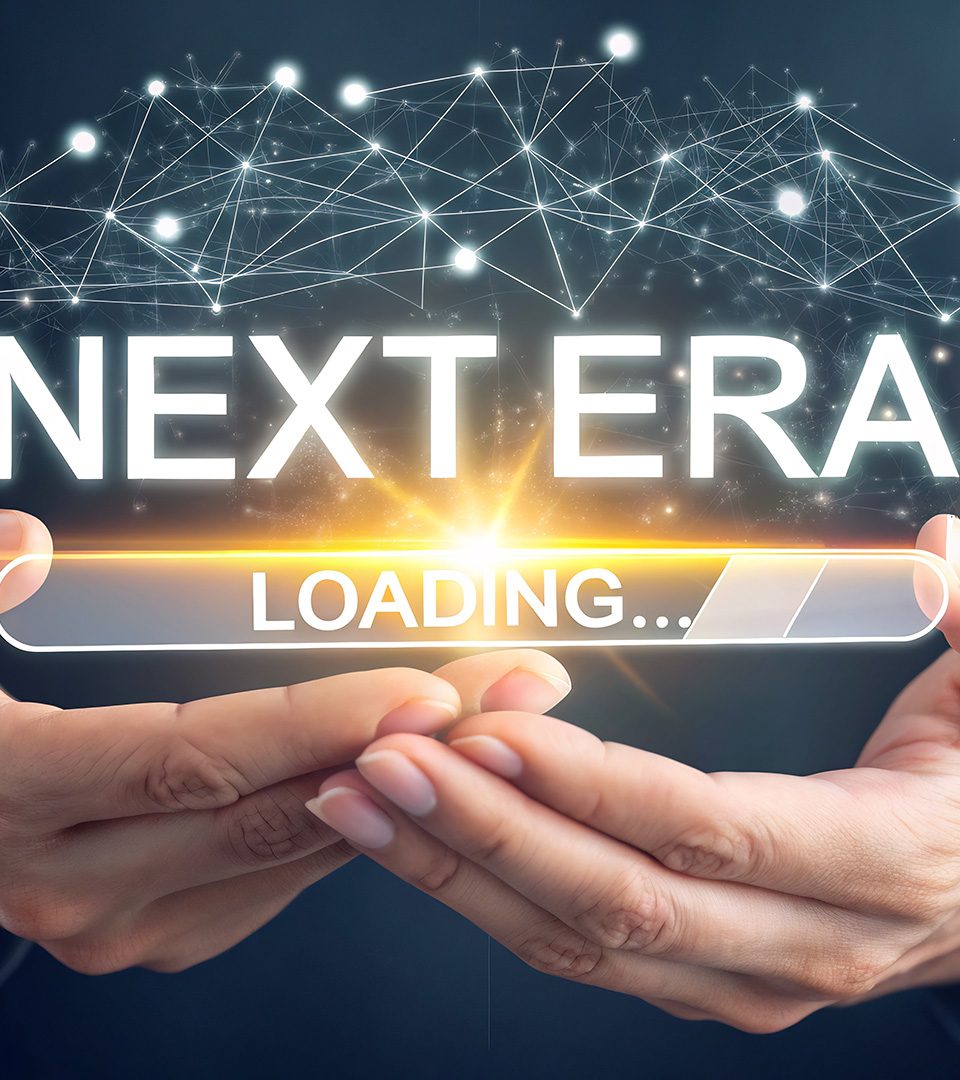 Hands holding a futuristic digital interface displaying the words "next era loading".