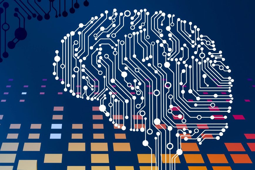 Digital illustration of a brain made from white circuit lines against a dark blue, tech-inspired background.