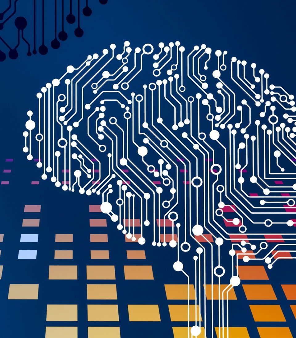 Digital illustration of a brain made from white circuit lines against a dark blue, tech-inspired background.
