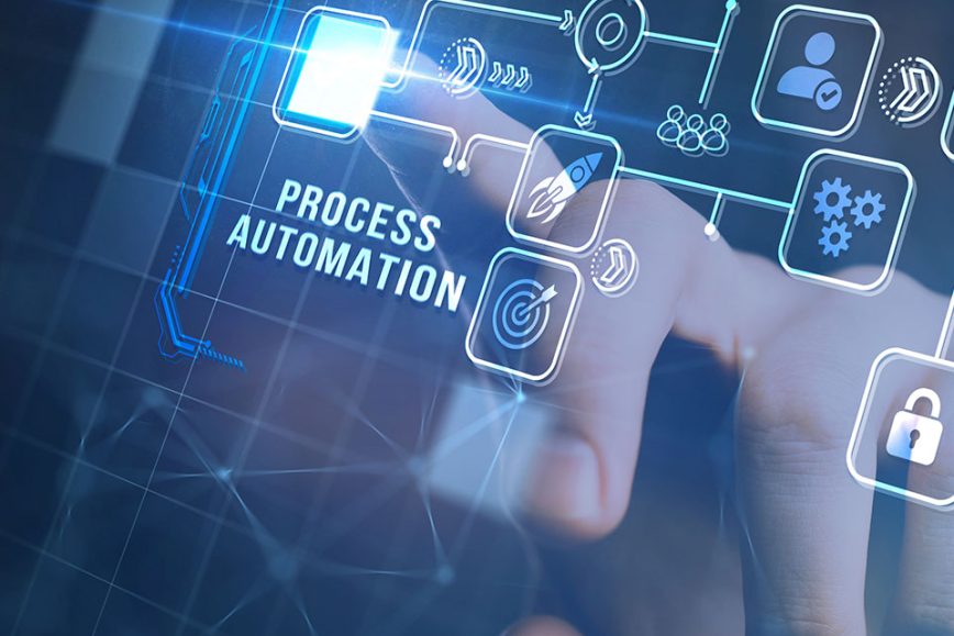 Business process automation concept with digital workflow icons and a finger selecting automation.