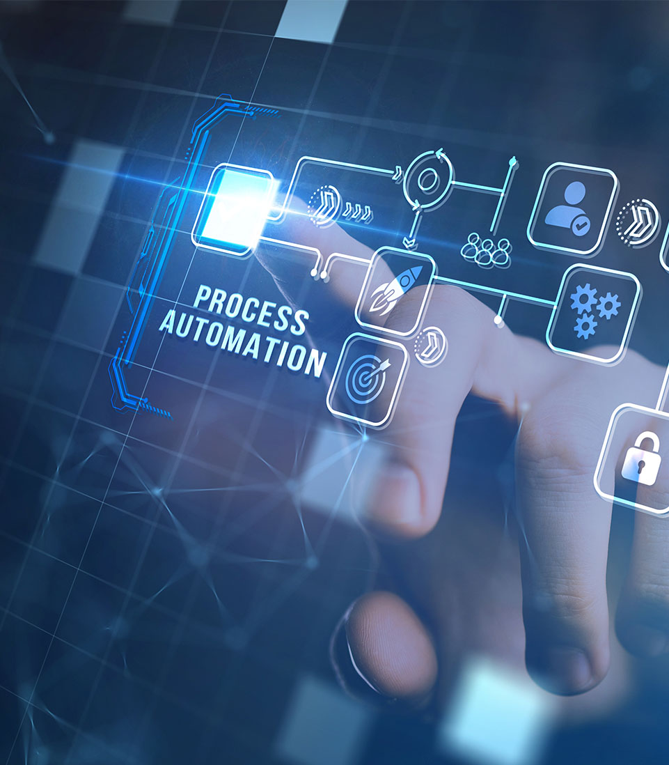 Business process automation concept with digital workflow icons and a finger selecting automation.
