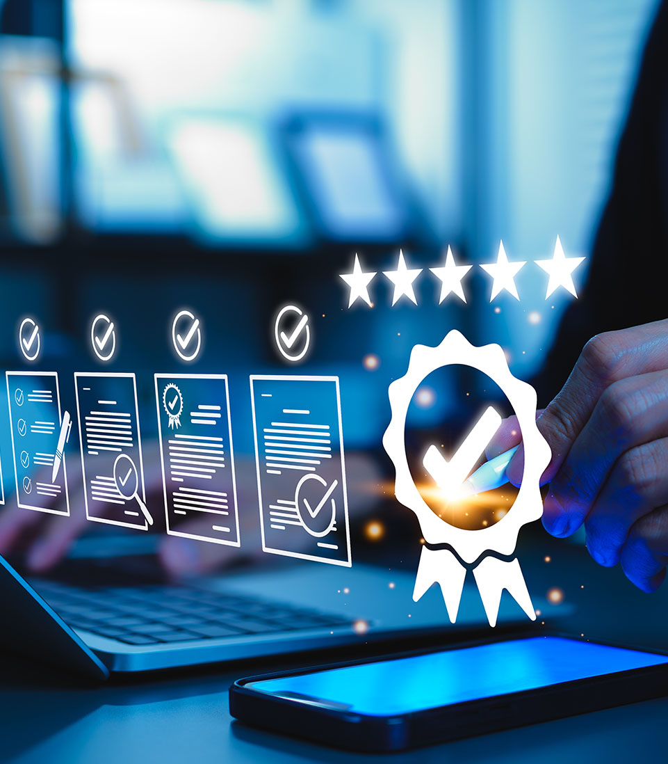 Digital quality assurance and compliance checklist with certification icon on a laptop screen.