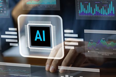 Artificial intelligence data analytics with charts and graphs displayed on a laptop screen.