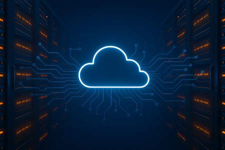 Glowing cloud icon with digital circuits in a modern server room.