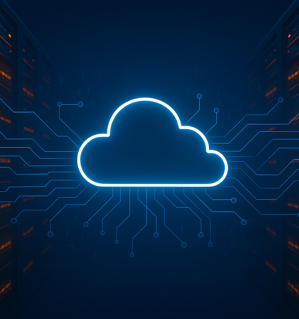 Glowing cloud icon with digital circuits in a modern server room.