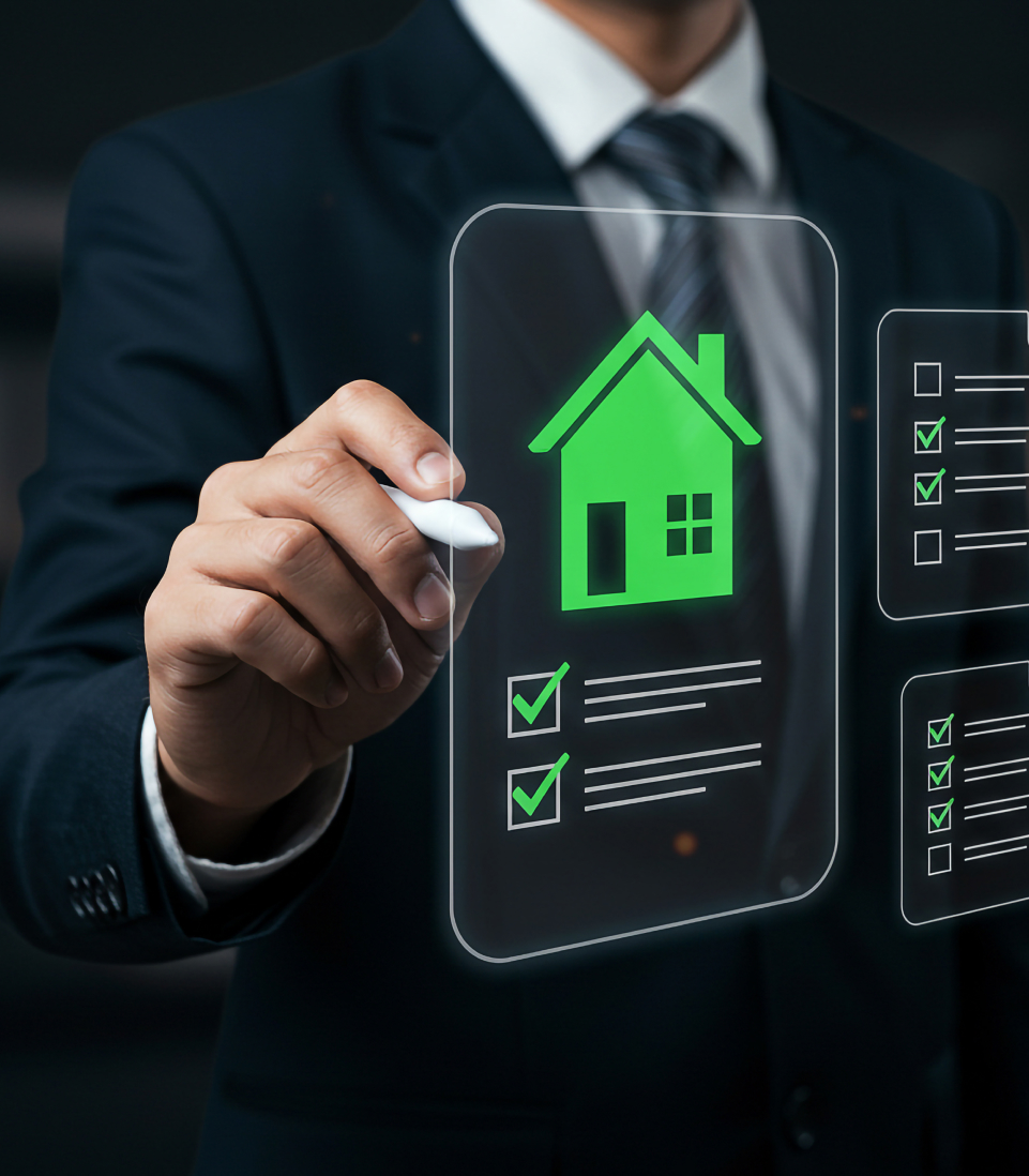 A businessman in a suit uses a digital touchscreen interface displaying a green house icon and checklist, symbolizing smart real estate management, property technology, or digital home solutions.