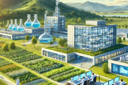 A futuristic biopharmaceutical research facility with lush green surroundings, advanced laboratories, and scientists working.
