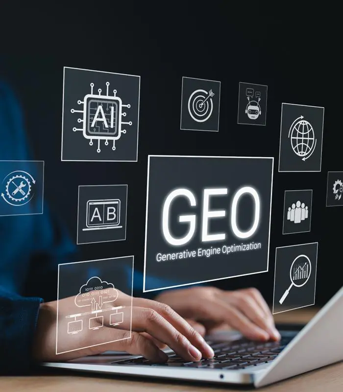 A person typing on a laptop with transparent digital icons floating above the keyboard, including a large central label reading “GEO – Generative Engine Optimization,” surrounded by symbols for AI, analytics, targeting, A/B testing, global reach, and search.