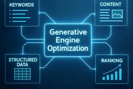 Diagram showing ‘Generative Engine Optimization’ at the center, connected to four elements—Keywords, Content, Structured Data, and Ranking—illustrated in a blue, glowing digital interface style.