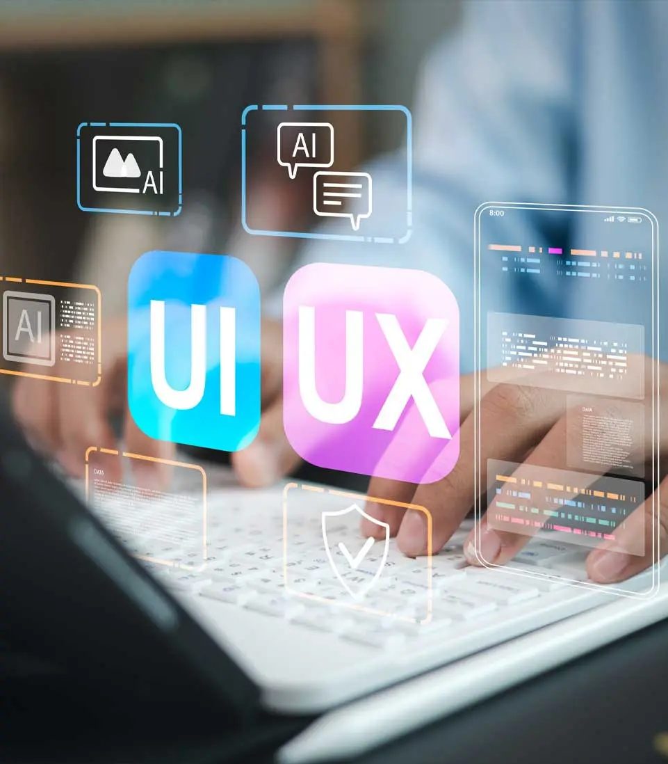 Hands typing on laptop with UI and UX interface icons overlayed on screen.