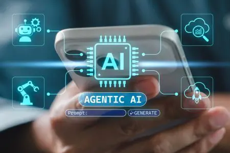 Smartphone displaying agentic AI interface with connected automation icons.