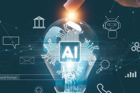 Finger touching AI lightbulb concept representing artificial intelligence innovation.