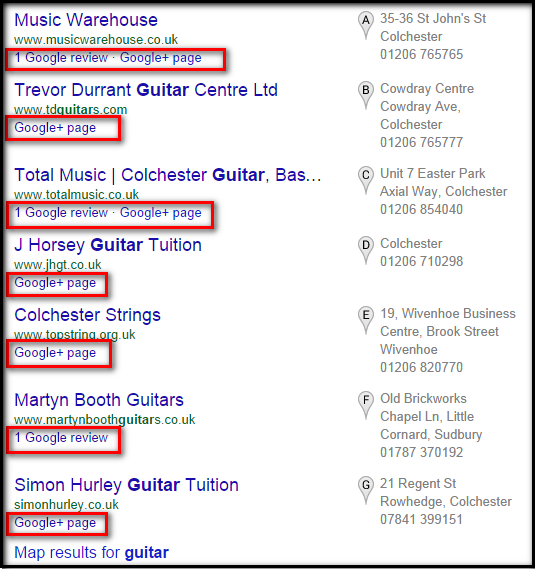 Google plus local map pack results for search term guitar