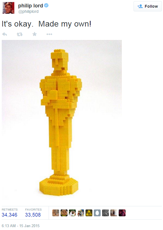 The Lego Movie ‘Oscar Snub’ - Summing up Lego’s potential social media reach with 34k+ Retweets to go with a whole bucket-load of outrage. ‘Not awesome’ was the consensus. 