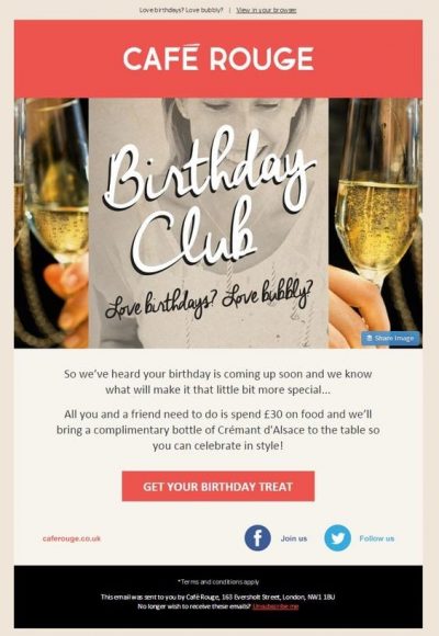 Cafe Rouge Birthday email. Offering a complimentary bottle of Cremant d'Alsace