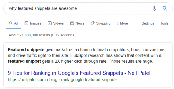 An example of featured snippets, showing the result for "why featured snippets are awesome"