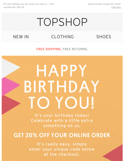 Topshop Happy birthday email. Offering a 20% discount online