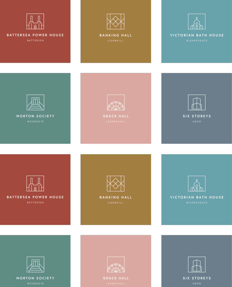 A set of branded icons and color-coded identity designs representing different Camm & Hooper venues.