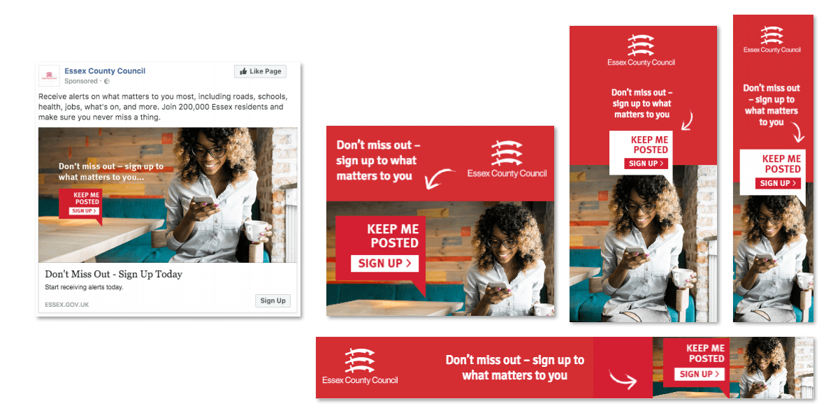 A set of Essex County Council digital ads promoting sign-ups for local alerts, featuring a woman using her phone in a café.