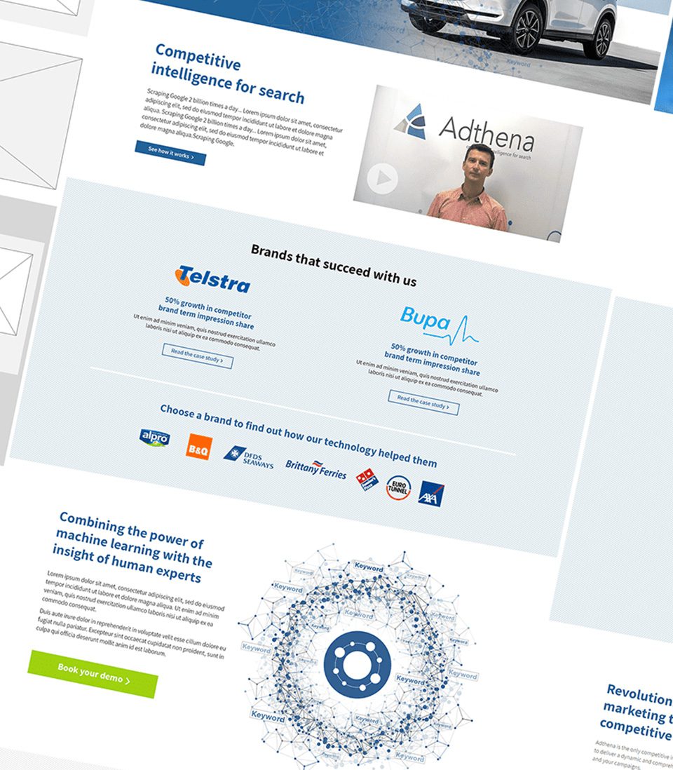 A tilted screenshot of Adthena’s marketing website showcasing competitive intelligence for search, brand case studies, and a machine learning insights section