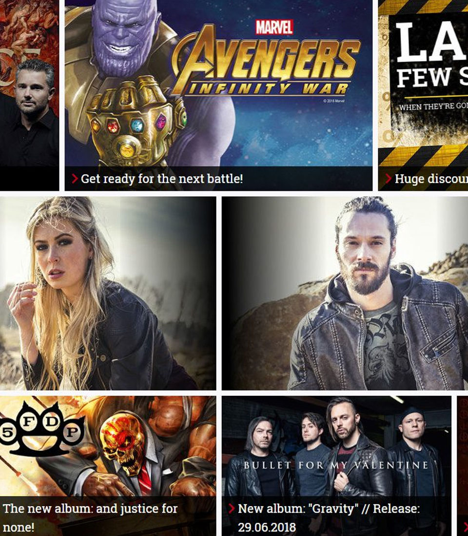 A promotional grid featuring music albums, movie releases, and pop culture content, including Avengers: Infinity War, Five Finger Death Punch, and Bullet for My Valentine.