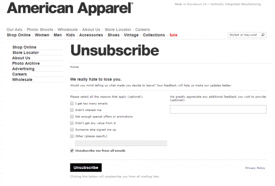 american apparel unsubscribe