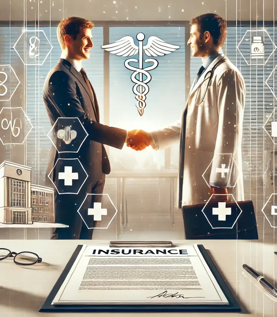 A Bbusinessman and doctor shake hands over medical insurance contract.