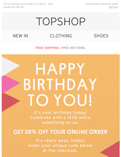 Topshop Happy birthday email. Offering a 20% discount online
