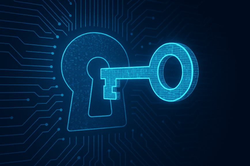 A glowing neon-blue key inserted into a digital keyhole, set against a dark circuit board background with interconnected lines and nodes.