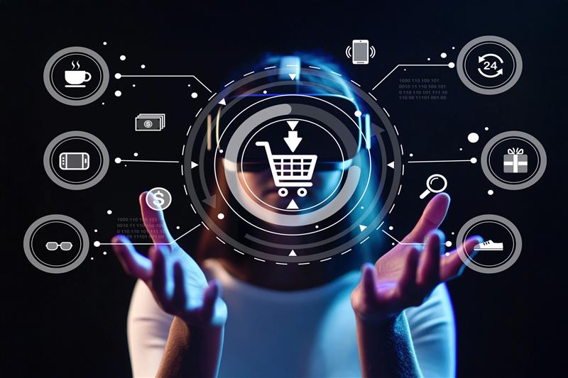 A person using augmented reality, with floating shopping cart and technology icons representing digital commerce