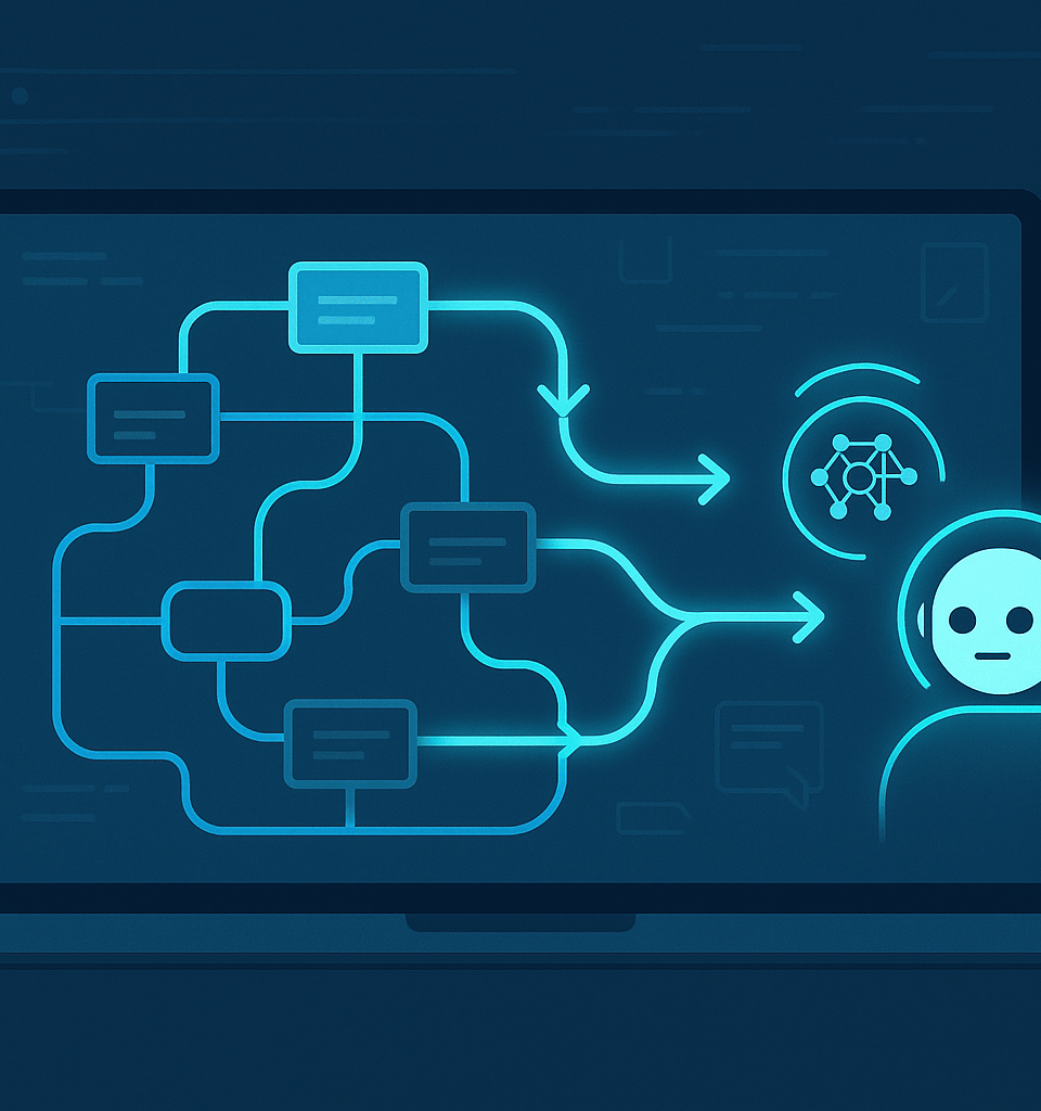Illustration of an AI navigating a digital sitemap on a laptop screen.