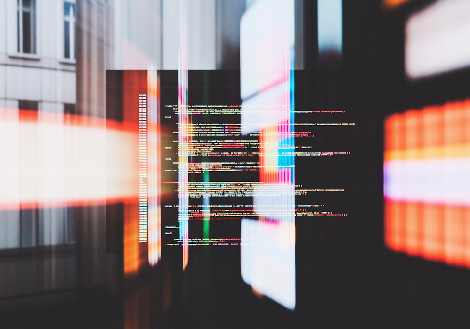 Futuristic overlay of programming code on a blurred urban building with vibrant light streaks