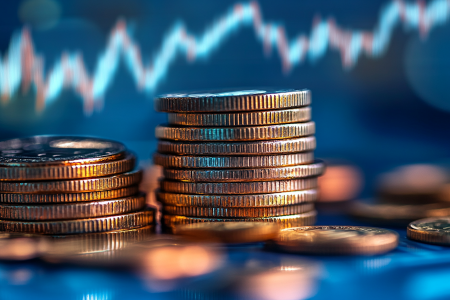 Pile of coins against a graph-effect background depicting growth.