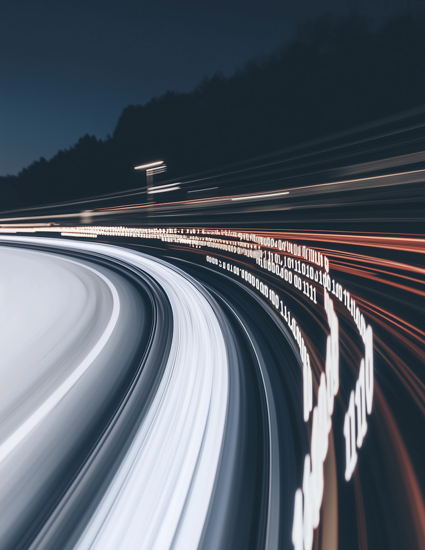 Futuristic highway at night with glowing light trails and binary code.