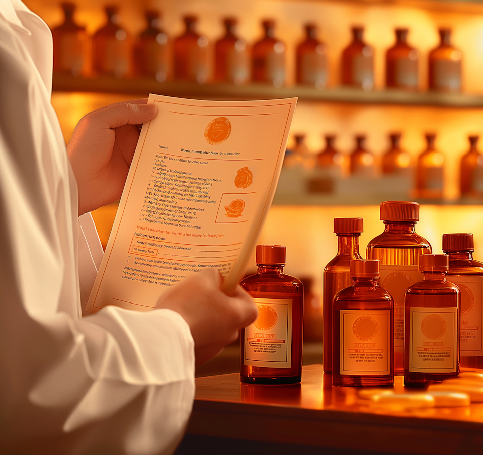 Scientist reviewing a document in a pharmacy setting.