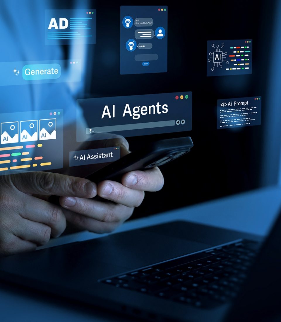 Person using a smartphone and laptop with floating UI elements labeled "AI Agents," "Generate," and "AI Assistant," representing generative AI and digital assistant technologies.